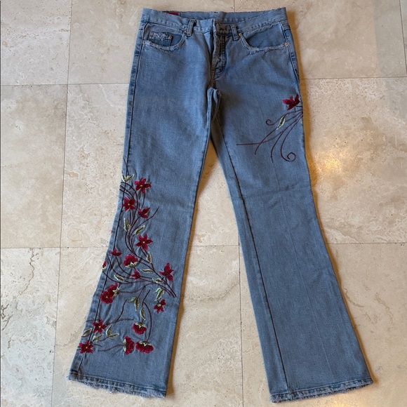 Le Jealous Denim - Floral Embroidered Blue Flare Jeans